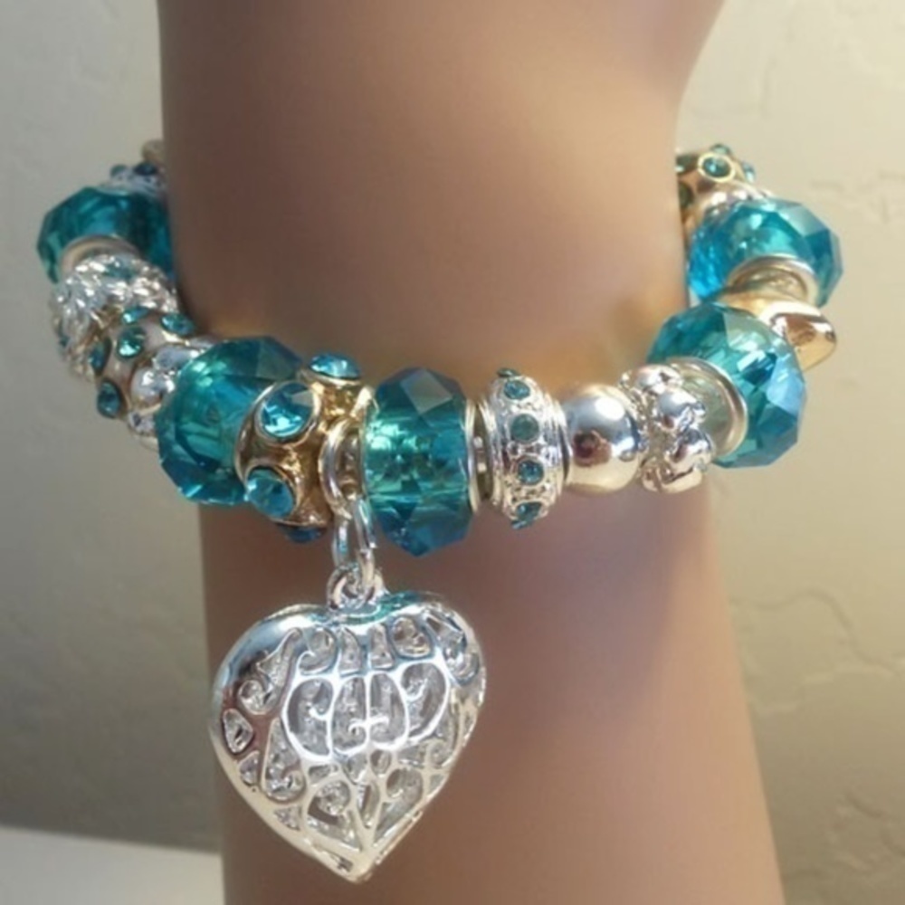 💙💛 Heart Silver, Blue & Yellow Crystal Glass Bracelet 💛💙 - Picture 3 of 5